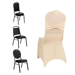 Spandex Chair Cover with Silver Rhinestone Buckled Sash Band Beige - Stretch Fitted Slipcover