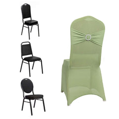 Spandex Chair Cover with Silver Rhinestone Buckled Sash Band Sage Green - Stretch Fitted Slipcover