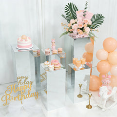 Set of 5 Silver Mirror Acrylic Pedestal Stands – Pre-Assembled Rectangular Display Risers for Retail, Parties & Event Décor – 20", 22", 24", 28", 32"