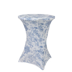 Spandex Round Cocktail Table Cover – Blue & White French Toile, 30" Highboy Stretch Fitted Tablecloth