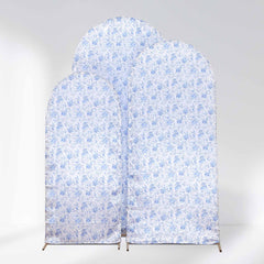 Set of 3 White Blue Satin Chiara Wedding Arch Covers in French Toile Floral Pattern, Fitted Covers For Round Top Backdrop Stands - 5ft,6ft,7ft