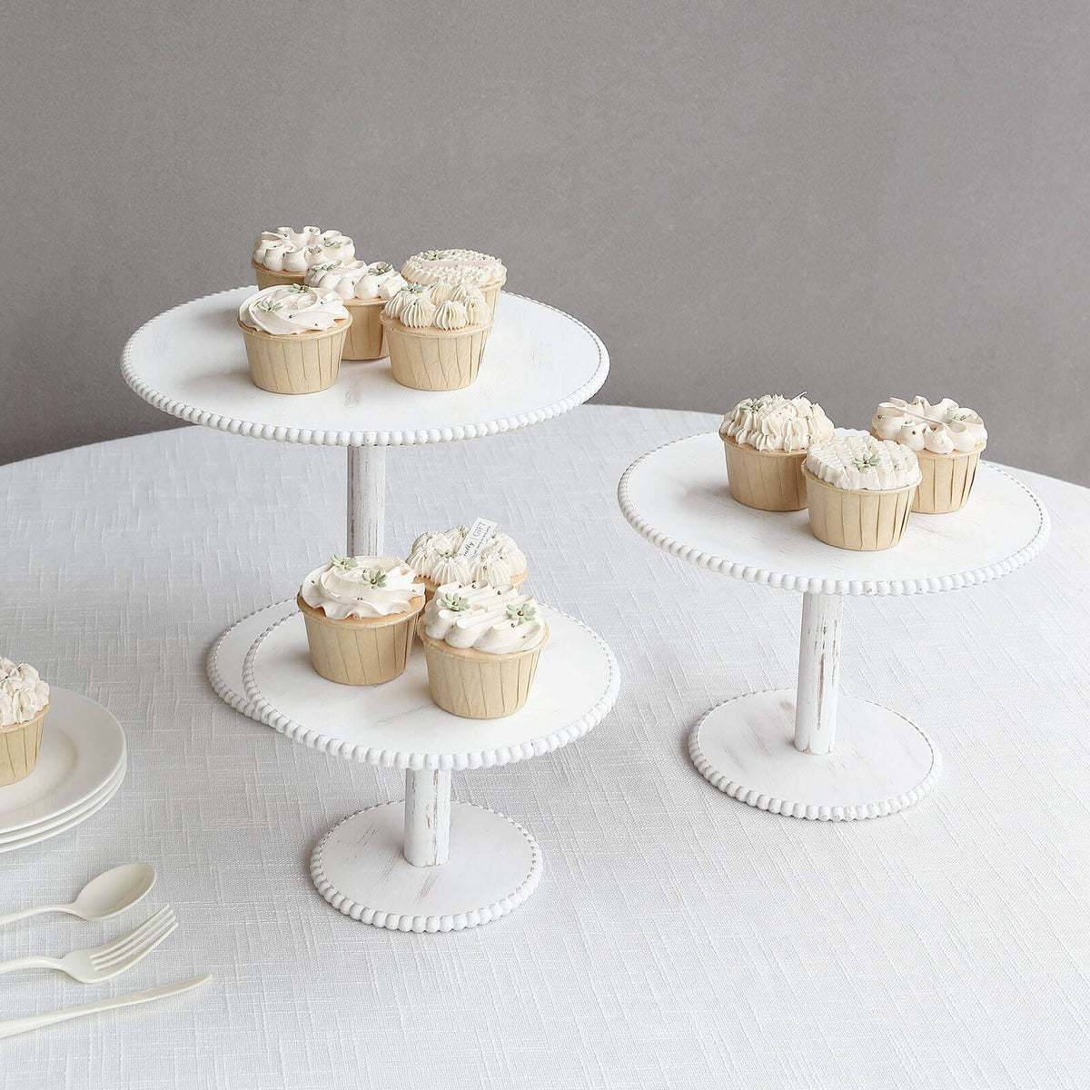 Set of 3 Wooden Pedestal Cake Stands Whitewash with Round Beaded Rim Trays - Stackable Rustic Cupcake Display 8", 10", 12"