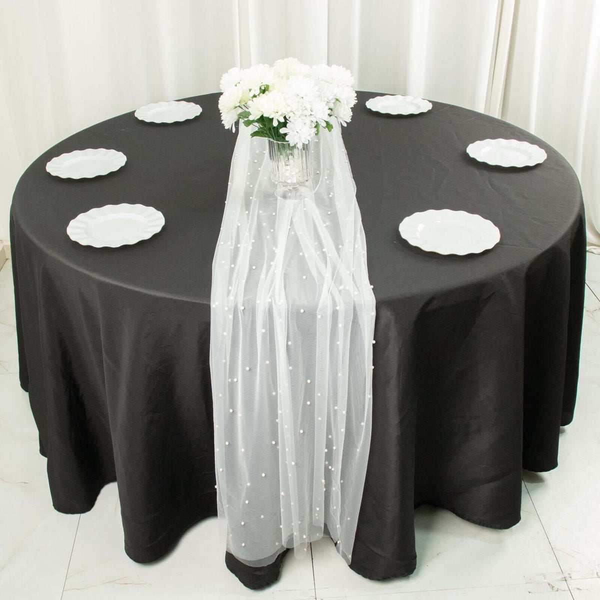 Sheer Tulle 48"x120" Table Runner White Pearl Embellished - Stylish Wedding & Event Table Linen