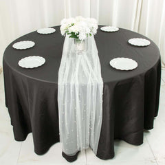 Sheer Tulle 48"x120" Table Runner White Pearl Embellished - Stylish Wedding & Event Table Linen