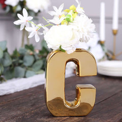 Shiny Ceramic Vase Letter "C" Gold Plated - Chic Bud Planter Pot for Events & Decor 6"