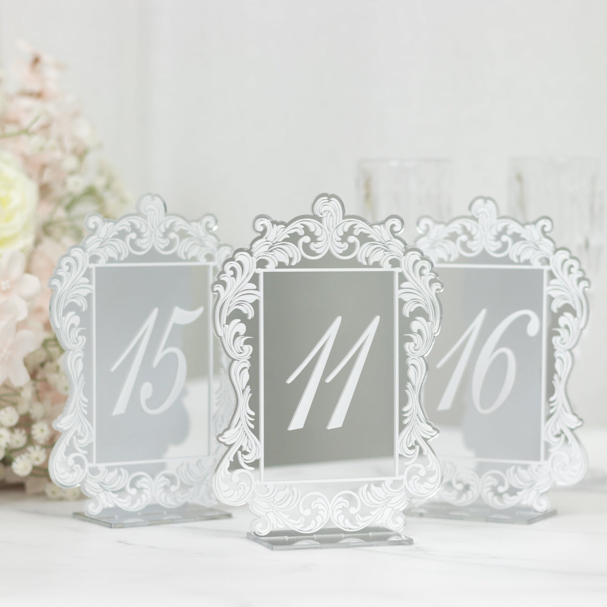 Silver Mirror Arch Acrylic Table Numbers (11-20) - 5"x7" Wedding Reception Signs with Baroque Lace Border, White Print & Stands
