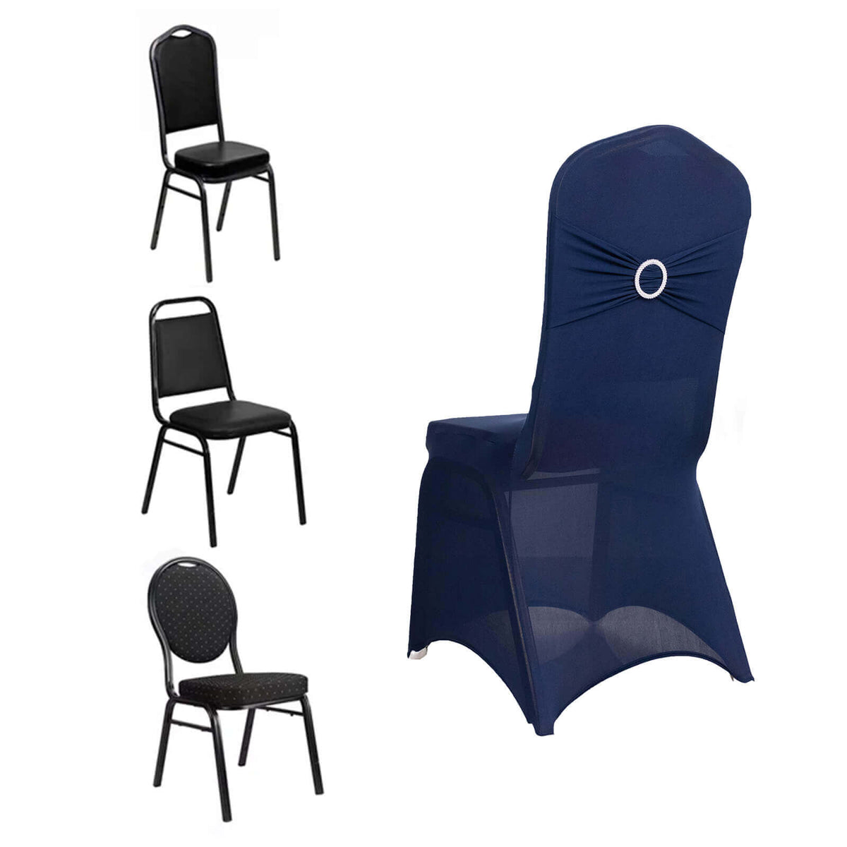 Spandex Chair Cover with Silver Rhinestone Buckled Sash Band Navy Blue - Stretch Fitted Slipcover