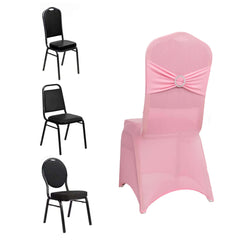 Spandex Chair Cover with Silver Rhinestone Buckled Sash Band Pink - Stretch Fitted Slipcover