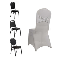 Spandex Chair Cover with Rhinestone Buckled Sash Band Silver - Stretch Fitted Slipcover
