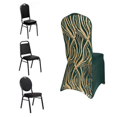 Spandex Chair Cover with Wave Embroidered Sequins for Banquet Chairs Hunter Emerald Green/Gold - Glittering Stretch Fitted Slipcover